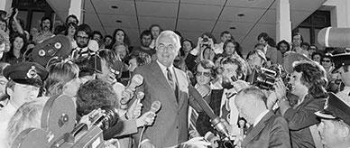 Gough Whitlam surrounded by press at Parliament House after 1975 dismissal.