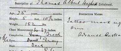 Medical examination document of Thomas Albert Hughes, who altered his surname from 'Huey'.