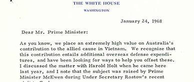 Letter to Prime Minister John Gorton from Lyndon B Johnson on the supply of sugar to United States during the Vietnam war.