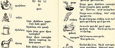A reading primer including typed words in the Gunwinggu language with black and white illustrations.