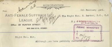 A typed letter on the letterhead of the ‘Anti-Female-Suffrage League’. 