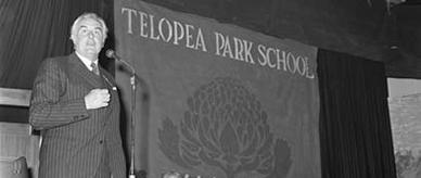Gough Whitlam speaking on stage at Telopea Park School.