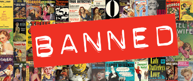 A selection of colourful book and magazine covers behind the word 'Banned'.
