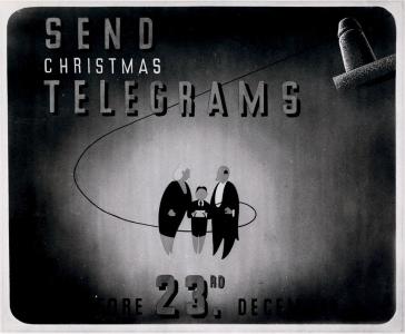 'Send Christmas telegrams before 23rd December' stylised black and white illustration of a telegraph wire, a woman, a boy holding a telegram and man.