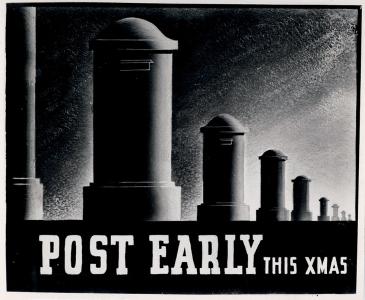 'Post early this Christmas' black and white illustration of 'pillar' post boxes
