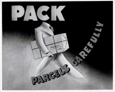 'Pack parcels carefully' black and white illustration of a suited figure holding a parcel.