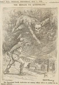 Cartoon of a gladiator with sword representing Queensland health authorities defending a town against a floating spectre.