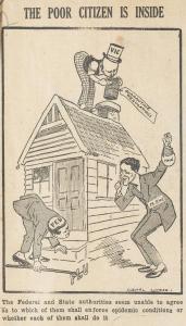 Cartoon showing 3 people representing state and territory governments competing with advice for the the occupant of a house.