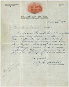 Letter of reference for Ronald Merredew Thomas from the Brighton Hotel in Perth, 24 November 1936.