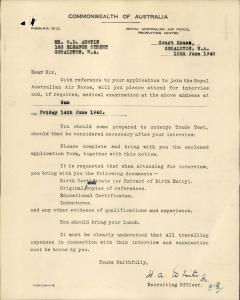 Letter from the Recruiting Officer to SD Austin, 10 June 1940. 