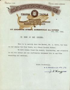 Letter of reference for Alan Butler Thomas Davis  from WB Wragg & Co in Victoria, 8 February 1940.
