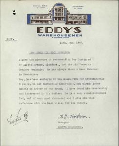 Letter of reference for Roy Durbin from Eddy's Warehouse in Adelaide, 14 May 1942.