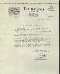 Albert Frederick Walter Ensor's letter of reference from Taubmans, 25 August 1942.