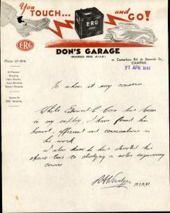 Edwin Clarendon Cox's reference letter from Don's Garage, 21 April 1941.
