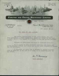 Letter of Reference for Bernard Michael Callanan from Carlton and United Breweries, 4 August 1942. 
