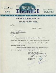 Letter of reference for Raymond Chester Howells from New System Telephones, 15 July 1942. 