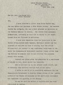 Letter to Prime Minister Bruce about Madame Chefik Bey her family estate  and the Lausanne Treaty with Turkey