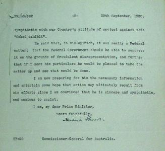 Correspondence to Acting Prime Minister J R Fenton from Commissioner General for Australia regarding the 'faked exhibit' convict ship Success.