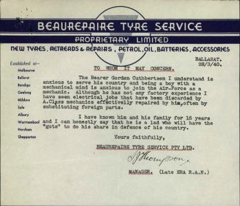 Letter of reference for Gordan Allan Cuthbertson from Beaurepaire Tyre Service.