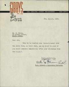 Letter from Gibby's to Kenneth Mills confirming reinstatement as grill chef.