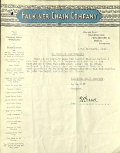 Letter of reference for William John McDonald from the Falkiner Chain Company in Brisbane. 