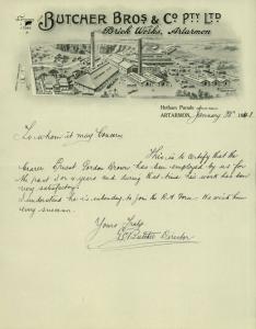 Letter of reference for Ernest Gordon Brown from Butcher Brothers and Co in Artarmon in New South Wales.