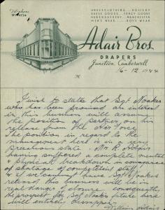 Letter from Adair Bros promising reinstatement after discharge of Harold Leslie Addison Noakes.