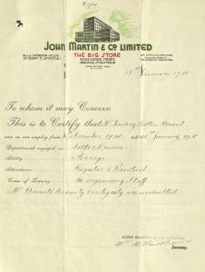 Letter of reference for Lindsay Bernard Dutton-Briant from John Martin and Co in Adelaide.