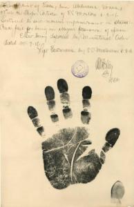 Handprint of Sallay bin Abdullah, declared illegal immigrant, July, 1916, NAA: J2773, 774/1916