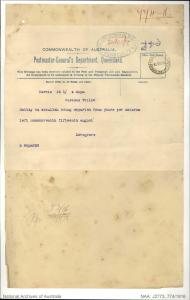  Telegram confirming bin Sallay’s deportation aboard S.S.Mataram. NAA: J2773, 774/1916