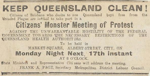 Advertisement for a 'Citizens' Monster Meeting of Protest' against the Federal Government's relaxed attitude to quarantine.