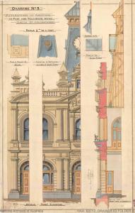 Coloured drawing detail of building elevations and section.