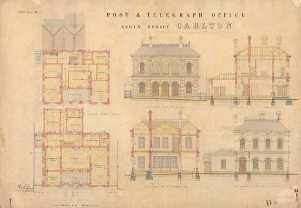 Coloured drawings of building elevations, section and floor plans.