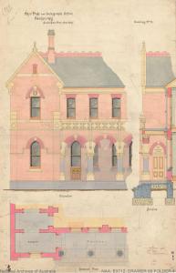 Coloured drawing of building elevations and floor plan detail.