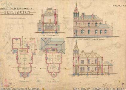 Coloured drawing of building elevation, sections and floor plans.