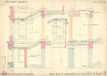 Coloured building drawing of section showing stairs and supporting structure.