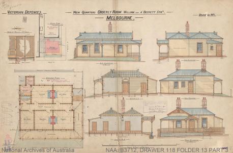 Coloured drawing of building elevations, sections and plans.