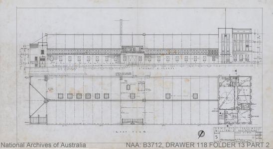 Drawing of building elevation and roof plan.