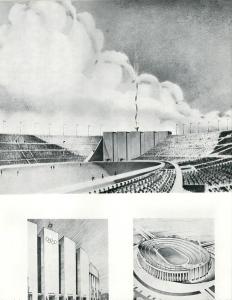 Black and white illustration of stadium building exterior and interior.