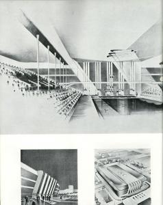 Black and white illustration of building exterior and interior showing Olympic pool.