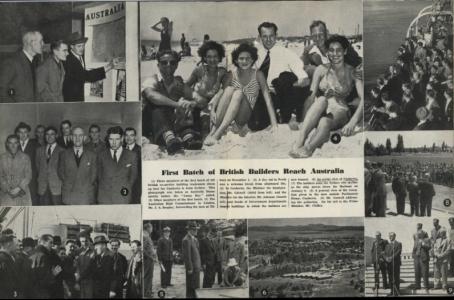 Magazine spread of 8 photos of builder migrants being welcomed to Australia.