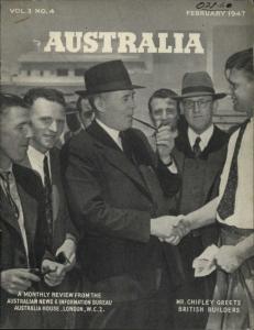 The cover of 'Australia' magazine, showing Arthur Calwell shaking hands with a migrant builder. 