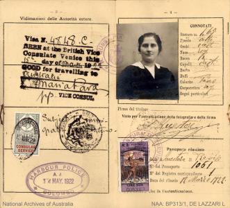 Passport of Luigia de Lazzari with her photograph and visa 'good for travelling to Australia'. 