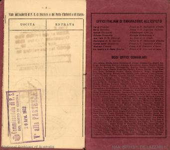 Passport of Luigia de Lazzari, stamped with the date of her departure on 20 April 1922. 