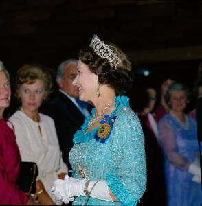 The Queen at the Commonwealth Heads of Government Meeting in 1981. She is wearing the Order of Australia on her shoulder. 