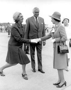 The Queen greeting Margaret Whitlam at the opening of the Sydney Opera House in 1973, with Gough Whitlam looking on.