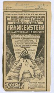 Newspaper advertisment for 'Frankenstein.' Features the silhouette of the monster. 