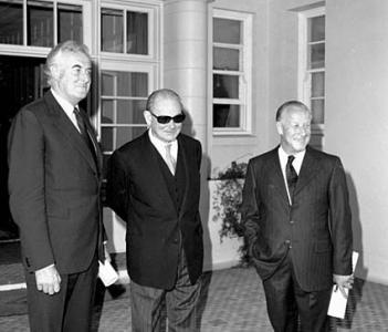 Gough Whitlam, Governor General Sir Paul Hasluck and deputy prime minister Lance Barnard standing outside Government House.