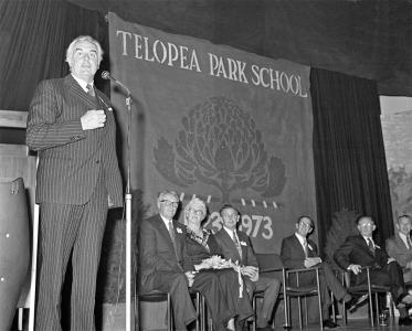 Gough Whitlam on stage at Telopea Park School.