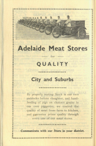 Advertisement for Adelaide meat stores with photo of delivery drivers on motorcycles with side car boxes.